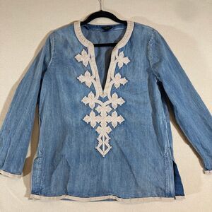 J CREW Top Women 10 Blue Denim Boho Deep V Soutache Applique Embroidered Western